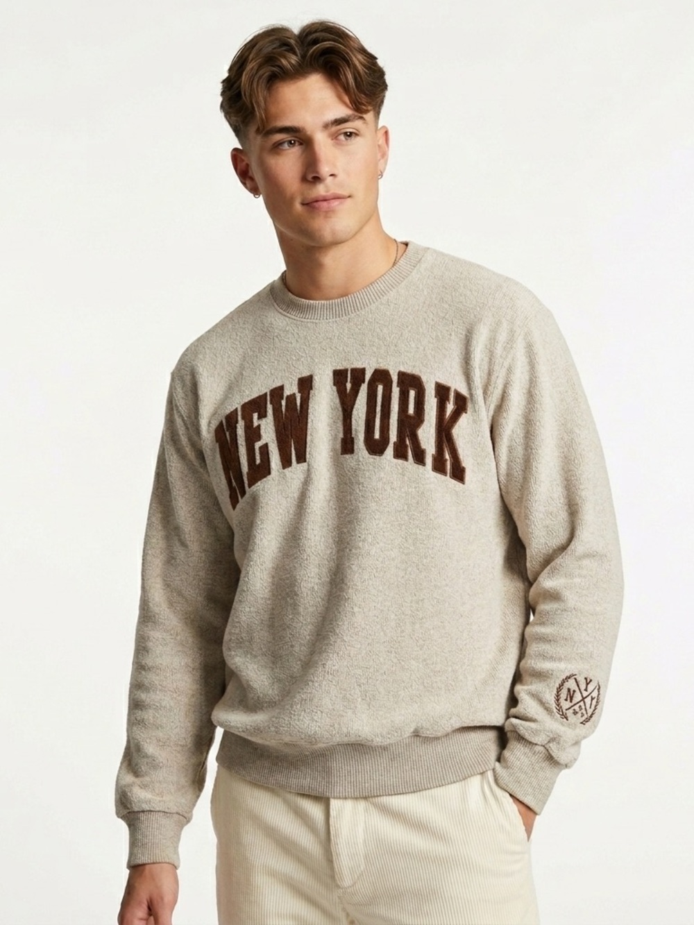 New York Popular Crewneck Sweatshirt NYC Applique Cotton Blend Oatmeal Brown XL